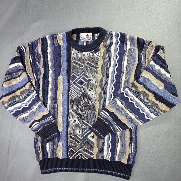 Florence Tricot Sweater Mens M Blue 3D Textured Knit Abstract Coogi Style Italy - Picture 15 of 16